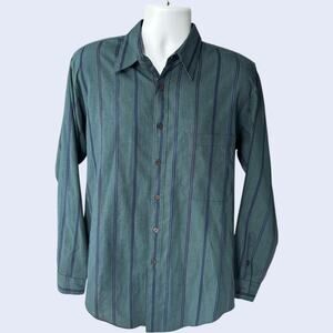 IMPACT L 90s Vintage Shirt Teal Navy Striped Button Up Retro